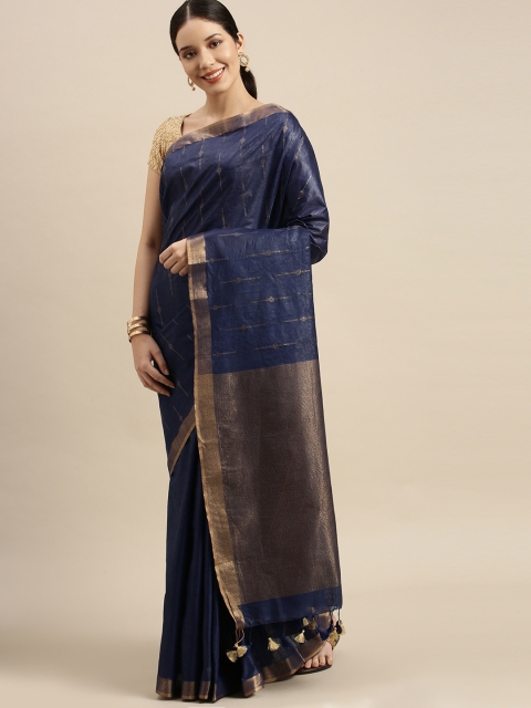 

swatika Navy Blue & Gold-Toned Zari Art Silk Bhagalpuri Saree