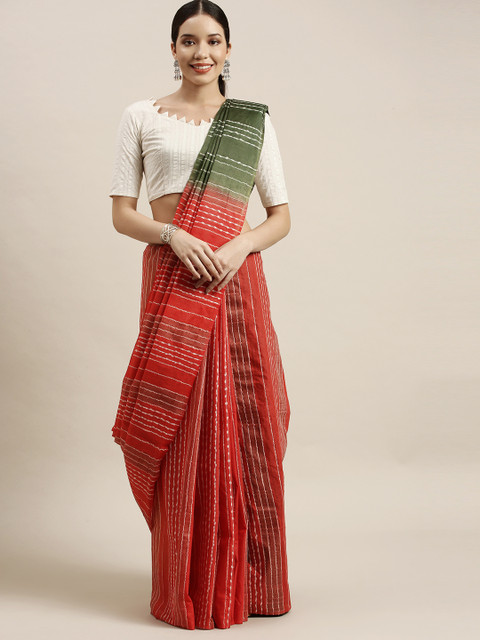 

swatika Red & Green Striped Art Silk Muga Saree