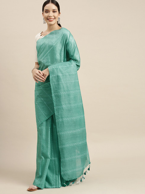 

swatika Green Striped Art Silk Muga Saree