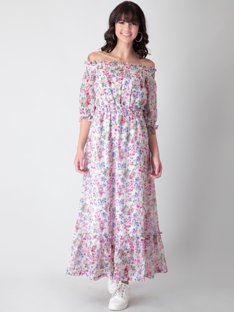 

FabAlley Women White and Violet Floral Off-Shoulder Georgette Maxi Dress