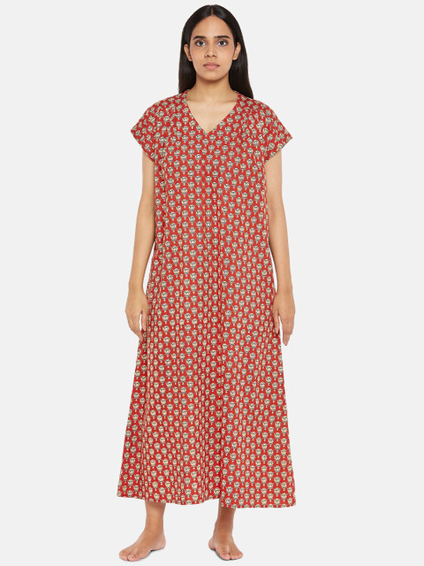 

RANGMANCH BY PANTALOONS Womens Red Printed Maxi Nightdress