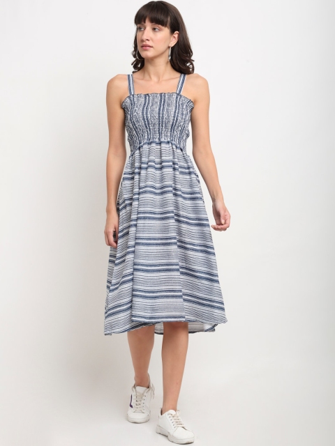 

NEUDIS Women Grey and Blue Striped Shoulder Straps Midi Dress