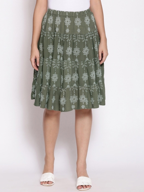 

Oxolloxo Women Green & White Embroidered Tiered Skirt