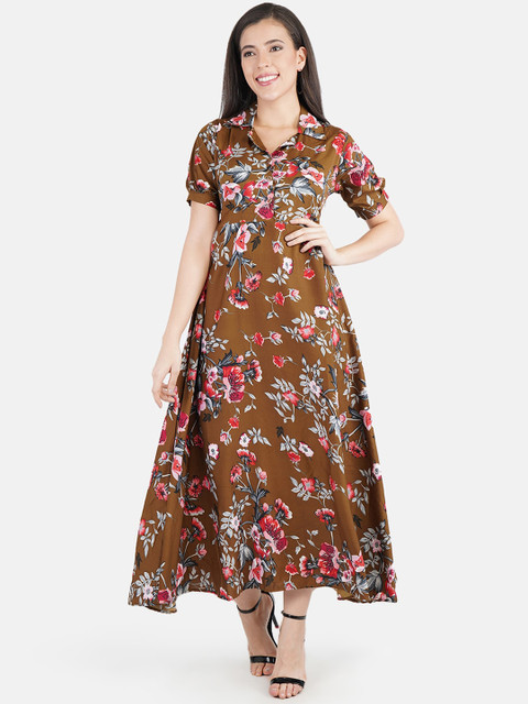 

Indietoga Women Brown and Red Floral Crepe Maxi Dress