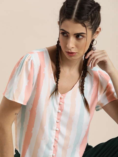 

Moda Rapido Women White & Peach-Coloured Striped Blouson Top