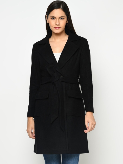 

Owncraft Women Black Solid Wool Overcoat With Belt