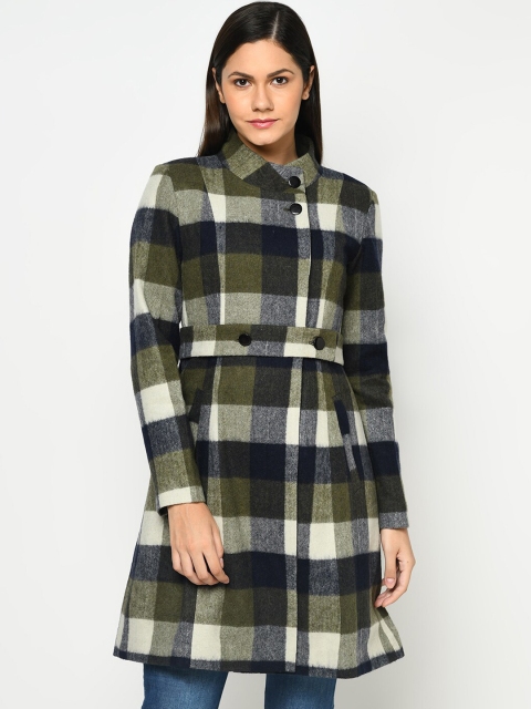 

Owncraft Women Olive Green & White Checked Woolen Overcoat