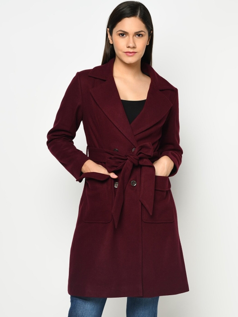 

Owncraft Women Burgundy Single-Breasted Woolen Overcoat