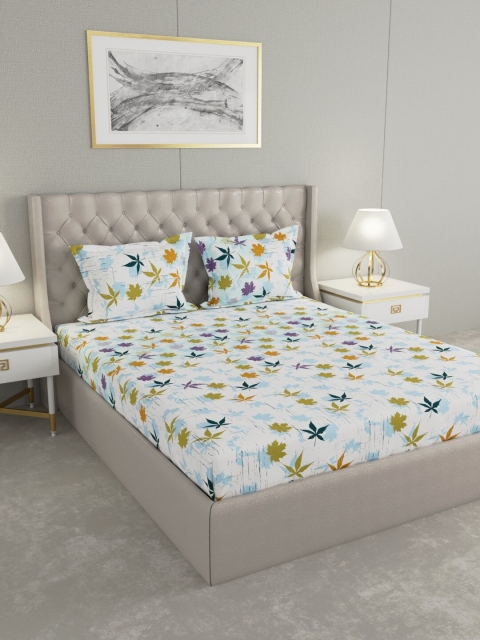 

Raymond Home White & Green Floral 140 TC King Bedsheet with 2 Pillow Covers