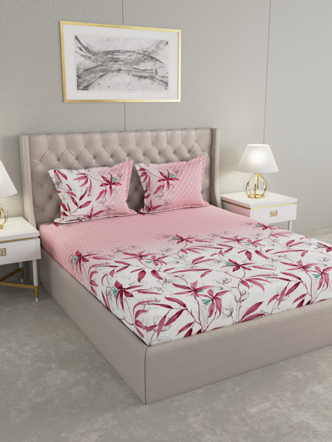 

Raymond Home White & Magenta Floral 140 TC King Bedsheet with 2 Pillow Covers