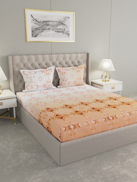 

Raymond Home Orange & White Geometric 140 TC Cotton King Bedsheet with 2 Pillow Covers