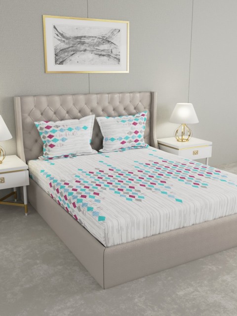 

Raymond Home White & Sea Green Geometric 140 TC King Bedsheet with 2 Pillow Covers