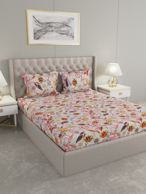 

Raymond Home Grey & Pink Floral 140 TC King Bedsheet with 2 Pillow Covers