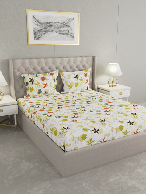 

Raymond Home White & Green Floral 140 TC King Bedsheet with 2 Pillow Covers