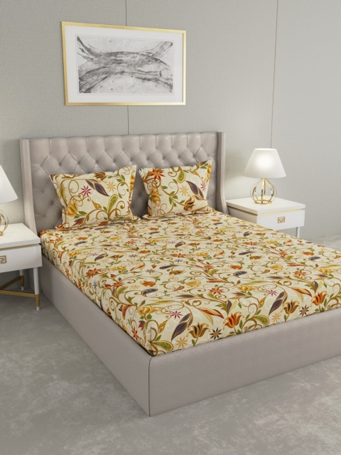

Raymond Home Yellow & Green Floral 140 TC King Bedsheet with 2 Pillow Covers