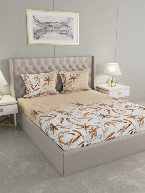 

Raymond Home White & Brown Floral 140 TC King Bedsheet with 2 Pillow Covers