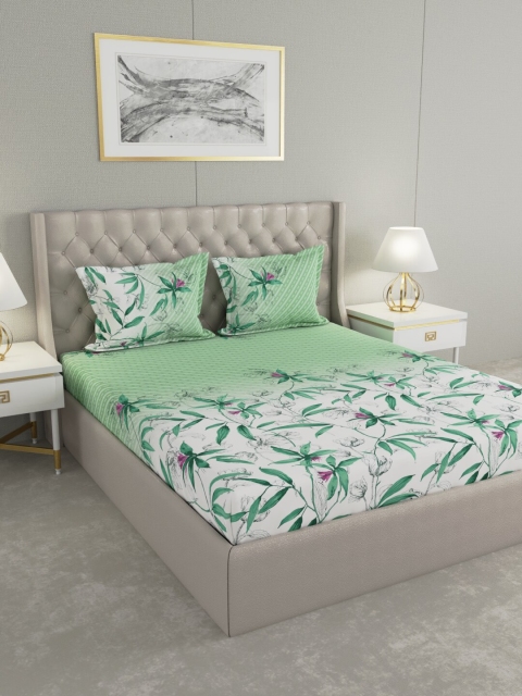 

Raymond Home White & Green Floral 140 TC King Bedsheet with 2 Pillow Covers