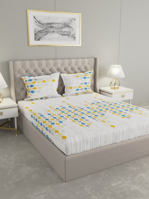 

Raymond Home White & Yellow Geometric 140 TC King Bedsheet with 2 Pillow Covers
