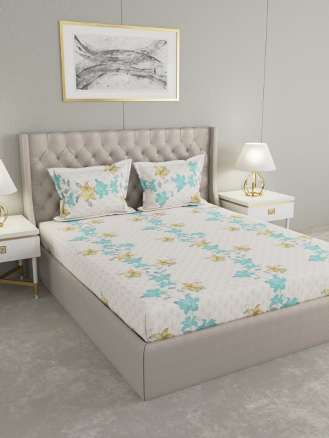 

Raymond Home White & Sea Green Floral 140 TC King Bedsheet with 2 Pillow Covers