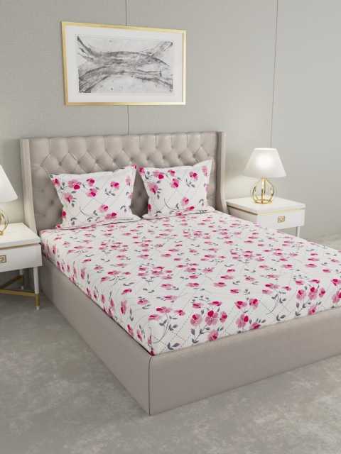 

Raymond Home White & Pink Floral 120 TC Queen Bedsheet with 2 Pillow Covers