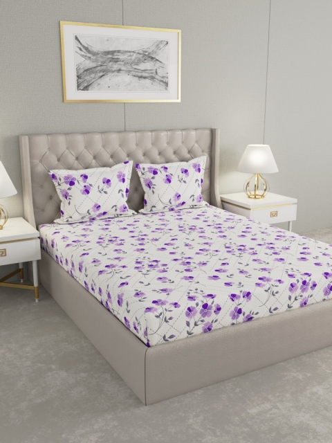

Raymond Home White & Purple Floral 120 TC Queen Bedsheet with 2 Pillow Covers