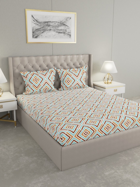 

Raymond Home White & Turquoise Blue Geometric 120 TC Queen Bedsheet with 2 Pillow Covers