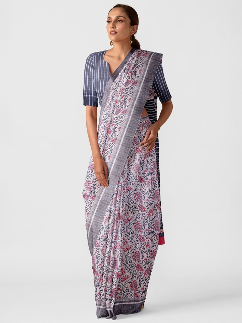 

Taneira White & Blue Ethnic Motifs Pure Silk Block Print Saree