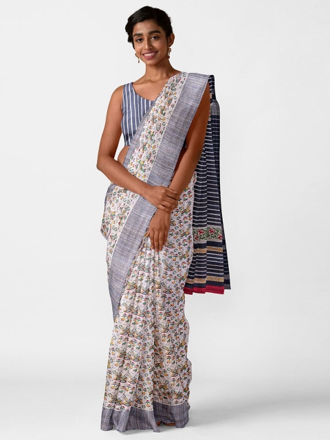 

Taneira White & Grey Ethnic Motifs Pure Silk Block Print Saree