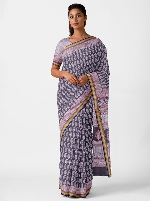 

Taneira Black & White Ethnic Motifs Silk Cotton Bagh Saree