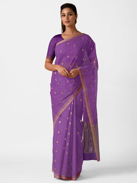 

Taneira Violet & Gold-Toned Woven Design Silk Cotton Chanderi Saree