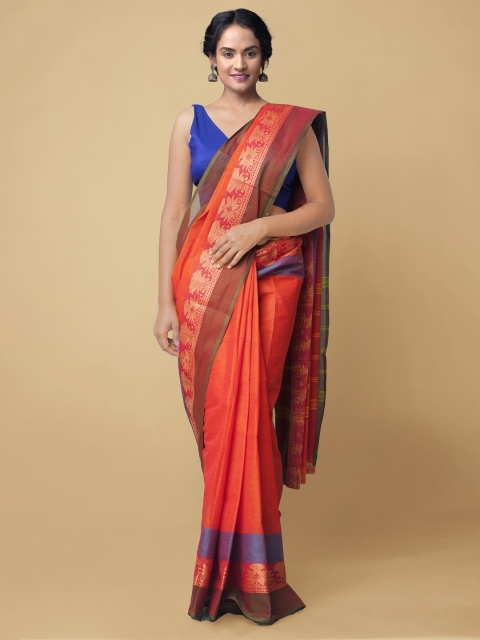 

Unnati Silks Orange & Blue Zari Pure Handloom Sustainable Cotton Pavni Chettinad Saree