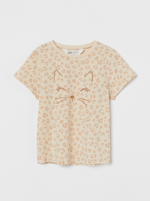 

H&M Girls Beige Cotton Printed T-shirt