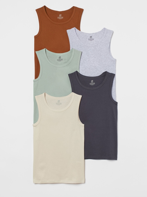 

H&M Pack Of 5 Solid Cotton Vest Tops, Green
