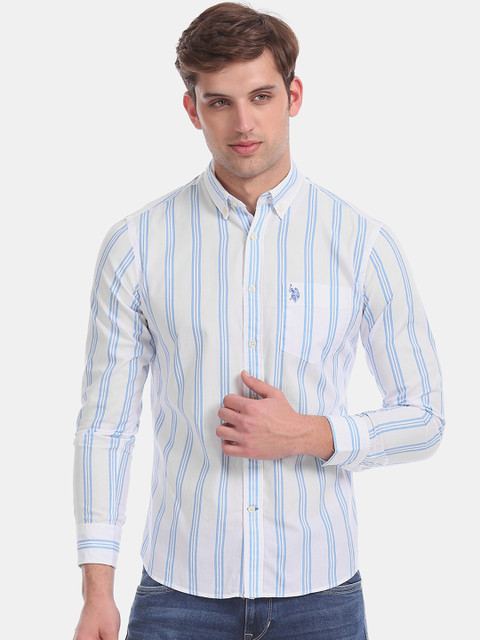 

U S Polo Assn Men White and Blue Cotton Striped Casual Shirt
