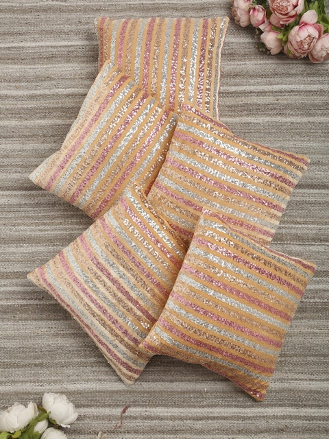 

HOSTA HOMES Peach-Coloured & Gold-Toned Set of 5 Embellished Square Cushion Covers