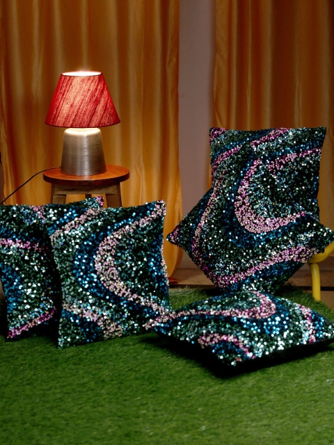 

HOSTA HOMES Blue & Green Set of 5 Embellished Square Cushion Covers