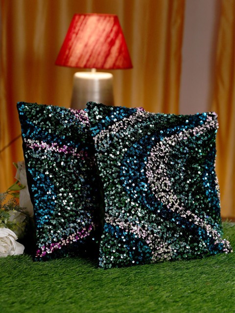 

HOSTA HOMES Navy Blue & Gold-Toned Set of 2 Embellished Square Cushion Covers