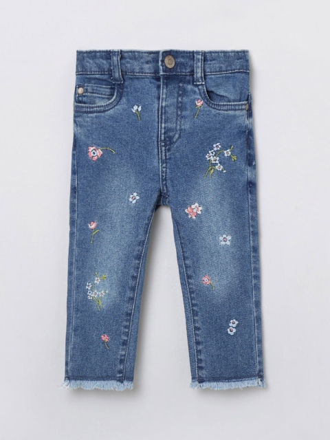 

max Girls Blue Mid-Rise Floral Embroidered Light Fade Jeans