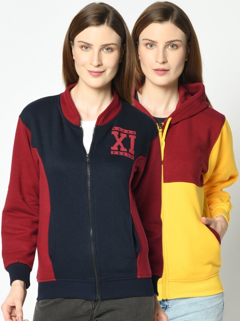 

VIMAL JONNEY Women Navy Blue and Yellow Pack of 2 Colourblocked Sweatshirts
