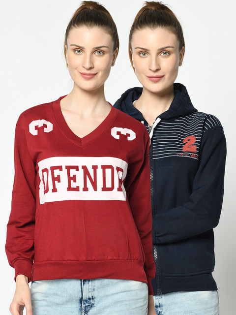 

VIMAL JONNEY Women Maroon and Navy Blue Printed Sweatshirts