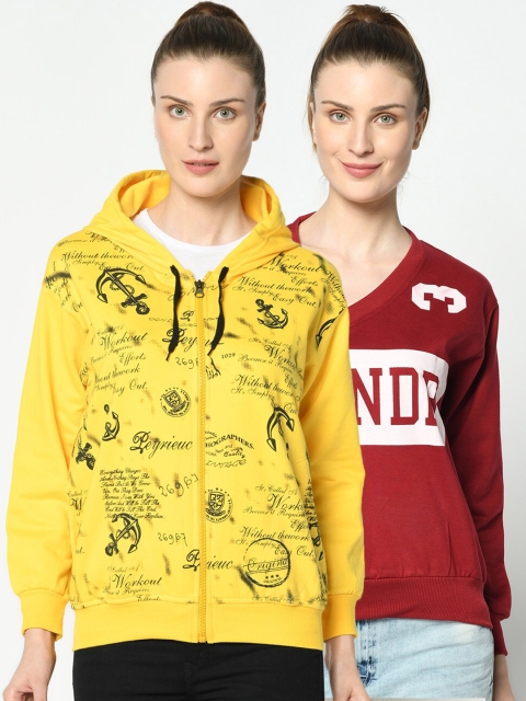 

VIMAL JONNEY Women Pack of 2 Maroon and Yellow Printed Sweatshirts