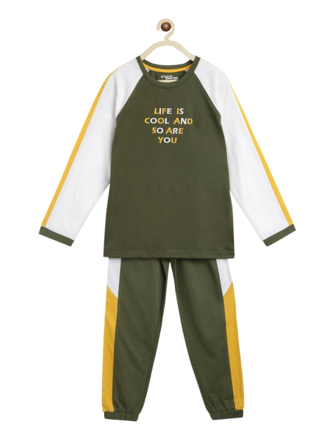 

Lil Tomatoes Boys Olive Green & White Colourblocked Night Suit