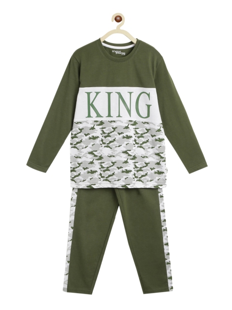 

Lil Tomatoes Boys Olive Green & White Printed Night Suit