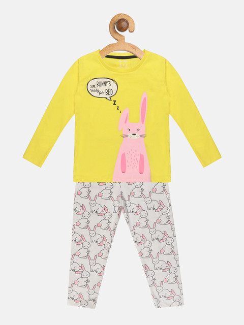 

Lazy Shark Girls Yellow & Grey Printed Night suit
