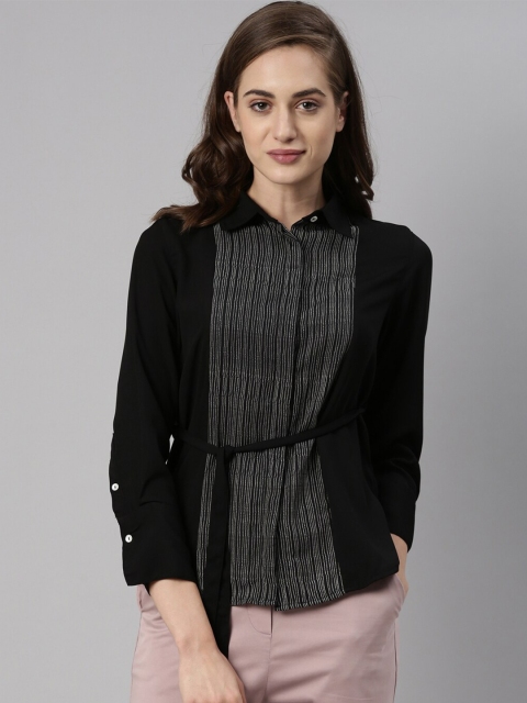 

RAREISM Women Black & Grey Colourblocked Striped Shirt Style Top