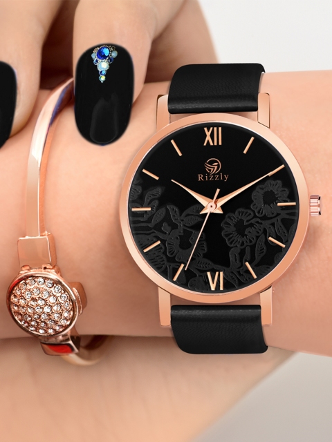 

Rizzly Girls Black Brass Printed Dial & Black Leather Straps Analogue Watch RZ-118-Black