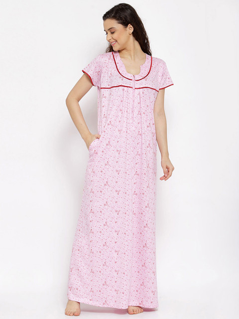 

Fasense Women Pink & Red Printed Cotton Maxi Night Dress