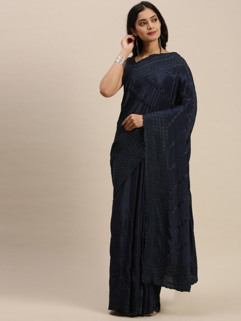 

Soch Navy Blue Embellished Embroidered Pure Crepe Saree