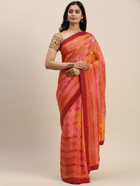 

Soch Orange & Red Bandhani Pure Georgette Bandhani Saree