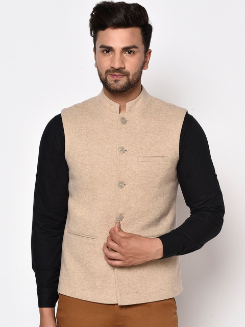 

METTLE Men Cream-Coloured Solid Nehru Jacket